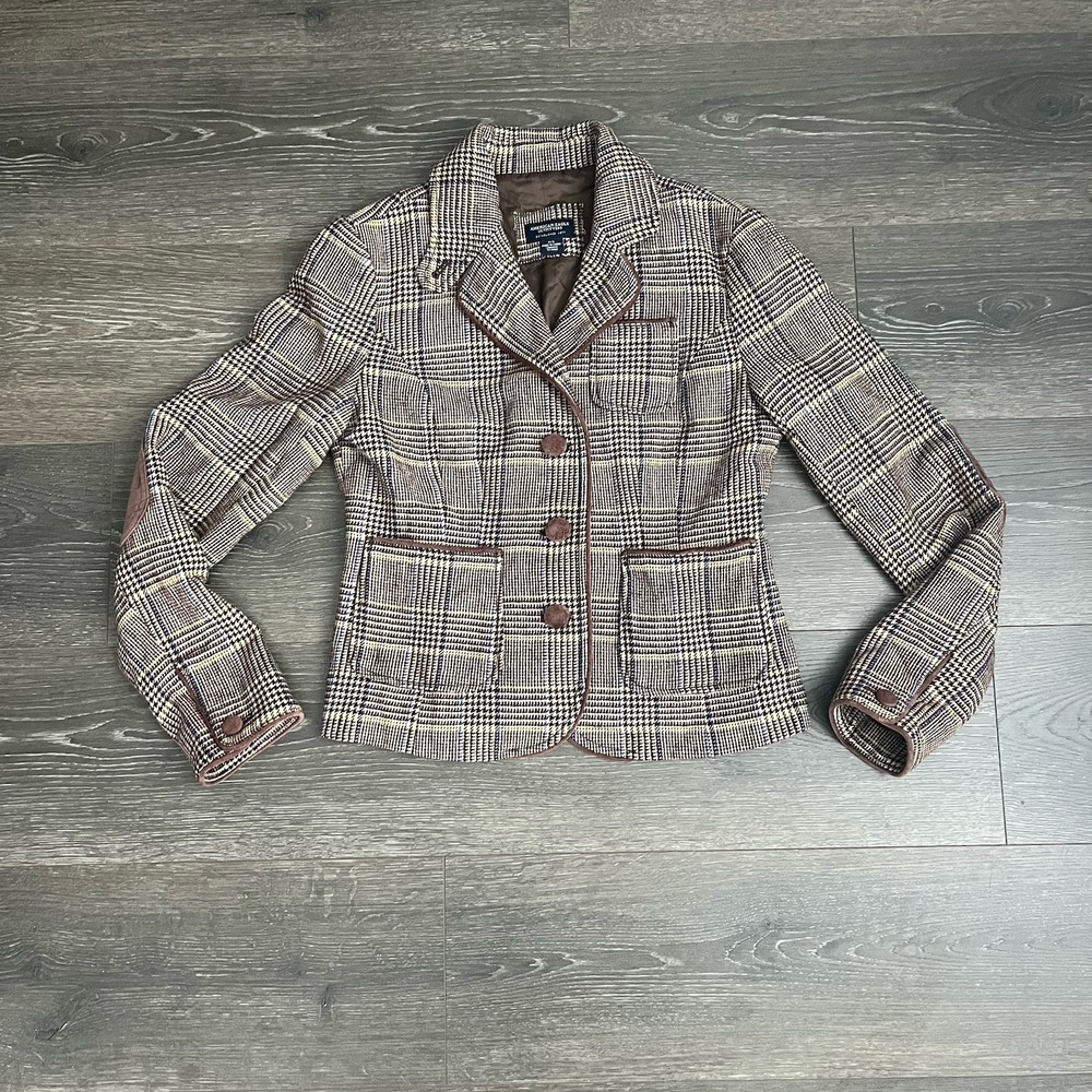 American Eagle‎ Womens Y2K Vintage Wool Blend Plaid Velour Academia Jacket Small